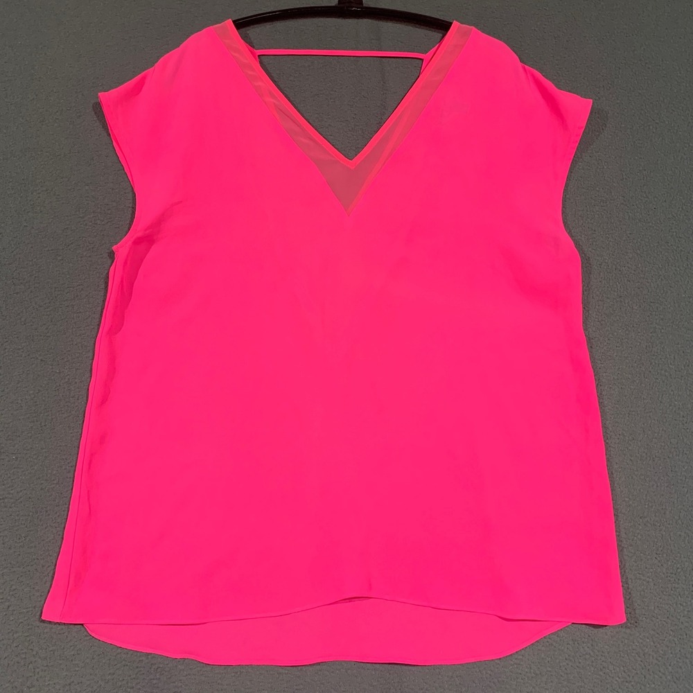 Express V-Neck Blouse Womens Medium Hot Pink Strappy Mesh Details Sheer Top